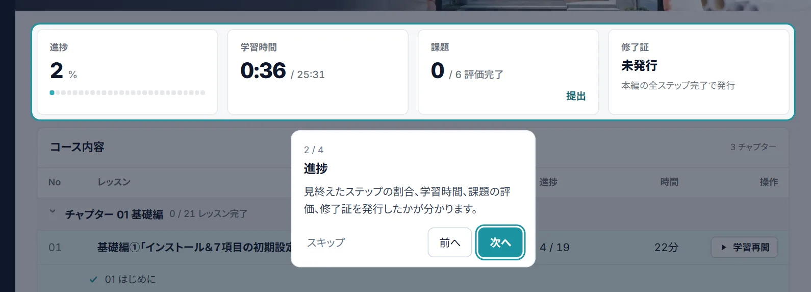 コース画面で「進捗」を示した画面