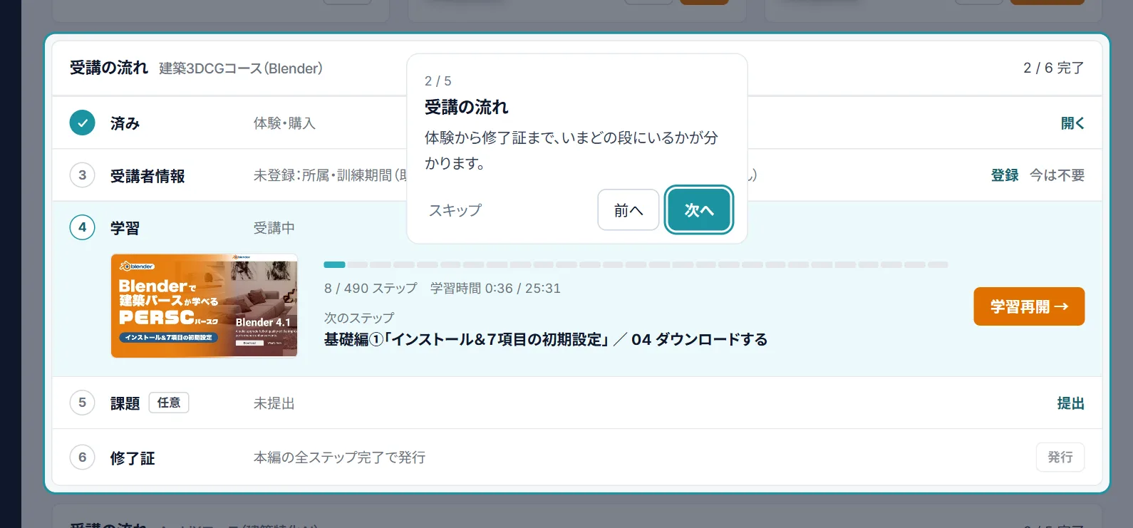 マイページで「受講の流れ」を示した画面